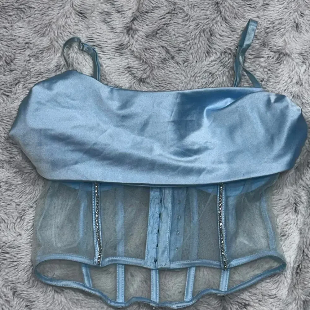Baby blue corset top‎ Small Rhinestone Detail Satin sexy